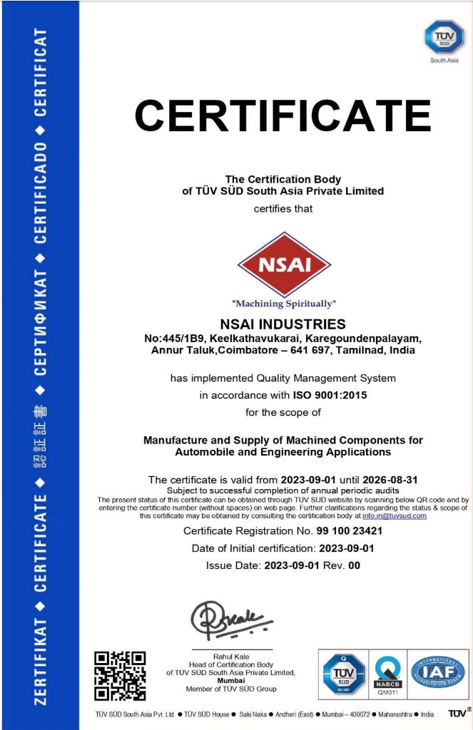 NSAI Industries ISO 9001:2015 Certificate